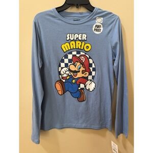 Boys' Nintendo Super Mario Puff Paint Long Sleeve Blue Shirt Size XL NWT